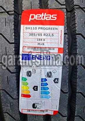 Petlas SH110 Progreen (рулевая) 385/65 R22.5 164K 24PR - Фото этикетки на шине детально